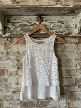 LOFT White Lace Overlay Sleeveless Top with Chiffon Hem